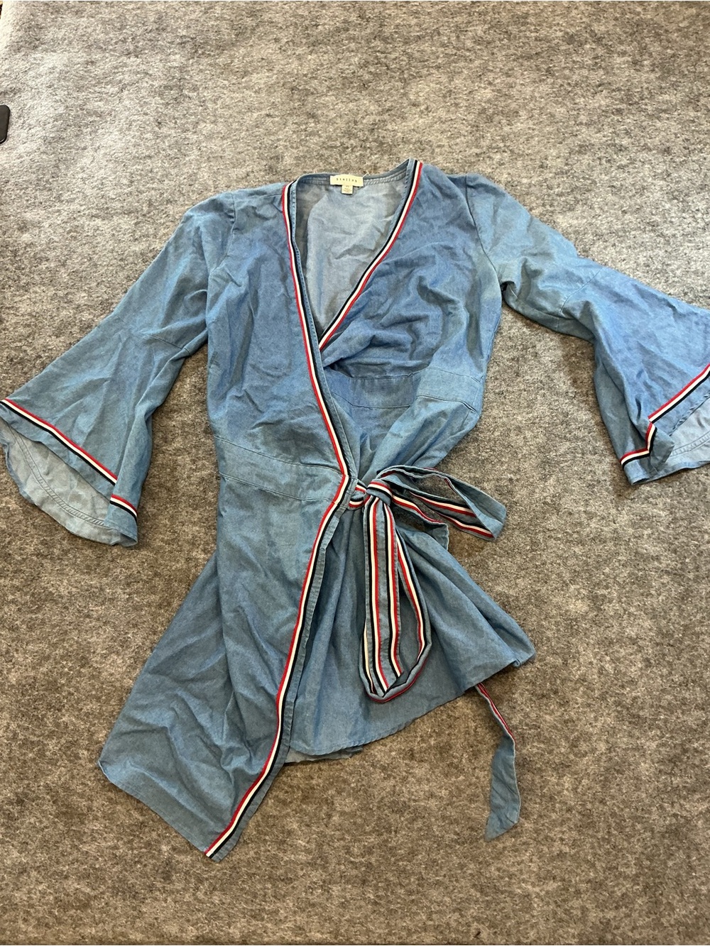 Stellah Blue Red White Denim With Belted Detail Mini Ruffle Flowy Dress A17